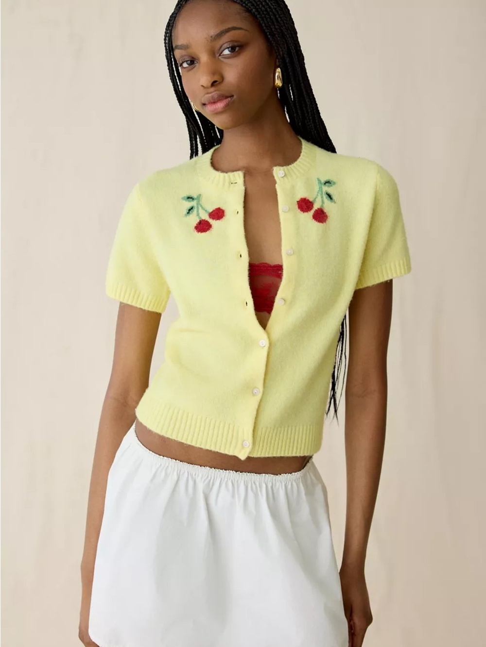 Urban Outfitters Yellow Short-Sleeve Cherry Embroidered Cardigan